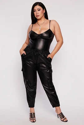 Womens Plus Size Leather Look High Waist Cargo Joggers, Black, Size 2X