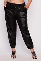 Womens Plus Leather Look High Waist Cargo Joggers, Black,