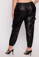 Womens Plus Leather Look High Waist Cargo Joggers, Black,