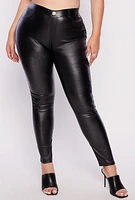 Womens Plus Metallic Faux Leather Pull On Pants, Black,