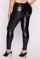 Womens Plus Metallic Faux Leather Pull On Pants, Black,