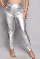 Womens Plus Size Metallic Faux Leather Pull On Pants, Silver, Size 1X