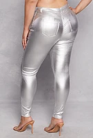 Womens Plus Size Metallic Faux Leather Pull On Pants, Silver, Size 1X