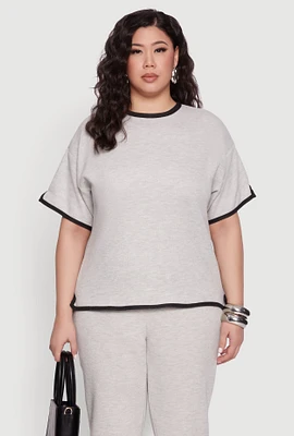 Womens Plus Size Contrast Trim Brushed Knit Top, Grey, Size 3X