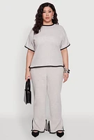 Womens Plus Size Contrast Trim Brushed Knit Top, Grey, Size 3X