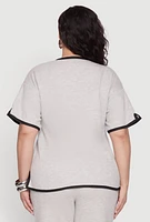 Womens Plus Size Contrast Trim Brushed Knit Top, Grey, Size 3X
