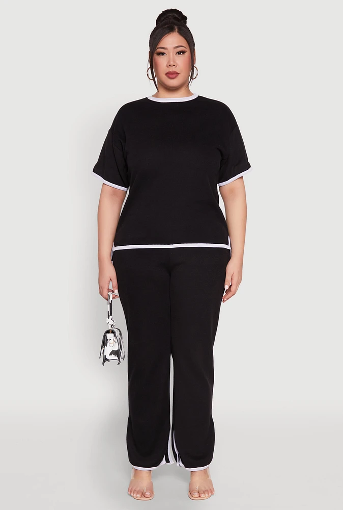 Womens Plus Size Contrast Trim Brushed Knit Top, Black, Size 1X