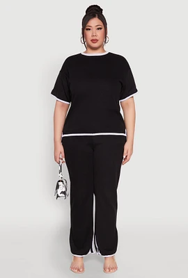 Womens Plus Size Contrast Trim Brushed Knit Top, Black, Size 1X