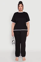 Womens Plus Size Contrast Trim Brushed Knit Top, Black, Size 1X