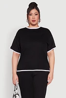 Womens Plus Size Contrast Trim Brushed Knit Top, Black, Size 1X