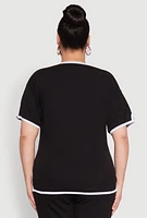 Womens Plus Size Contrast Trim Brushed Knit Top, Black, Size 1X