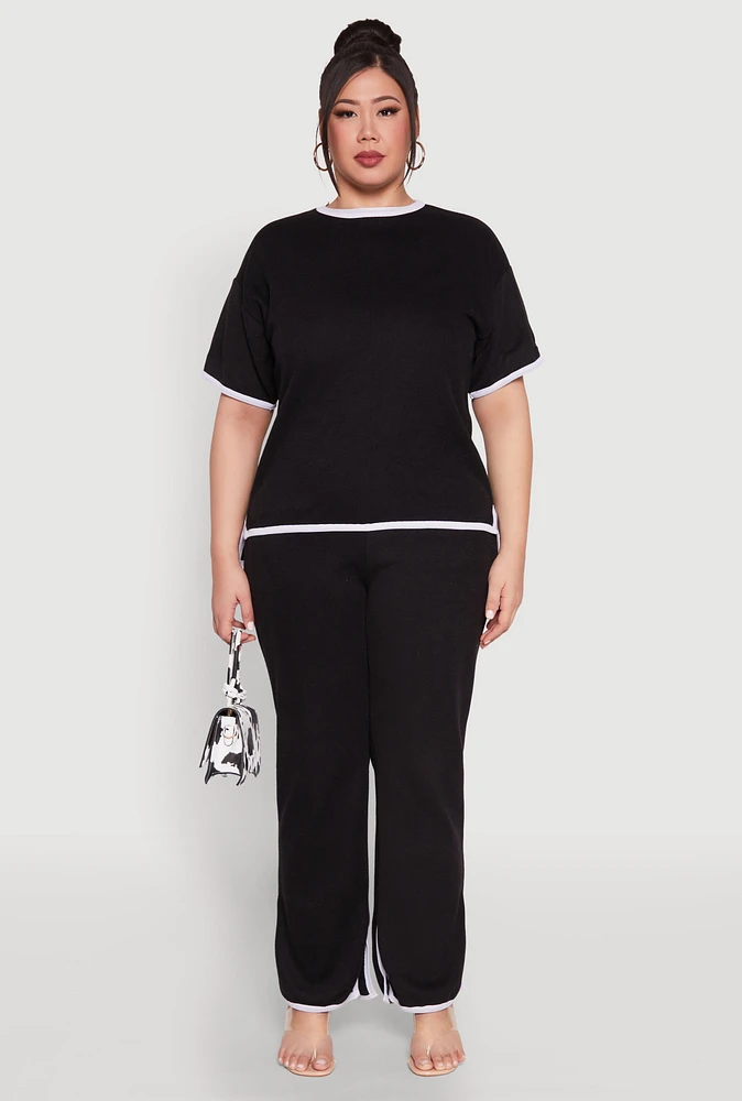 Womens Plus Size Contrast Trim Slit Hem High Waist Pants, Black, Size 2X