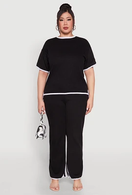 Womens Plus Size Contrast Trim Slit Hem High Waist Pants, Black, Size 2X