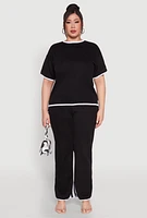 Womens Plus Size Contrast Trim Slit Hem High Waist Pants, Black, Size 2X