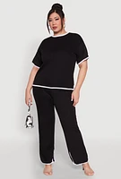 Womens Plus Size Contrast Trim Slit Hem High Waist Pants, Black, Size 2X