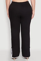 Womens Plus Size Contrast Trim Slit Hem High Waist Pants, Black, Size 2X