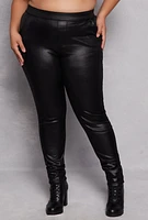 Womens Plus Size Leather Look Skinny Leg Pants, Black, Size 3X