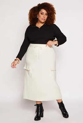 Womens Plus Scuba Drawstring Maxi Skirt, White,