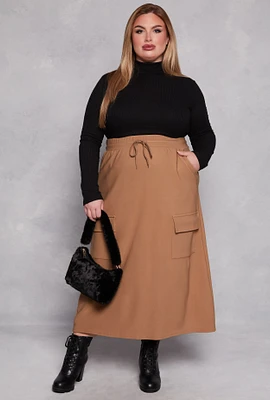 Womens Plus Size Scuba Drawstring Maxi Skirt, Brown, Size 3X