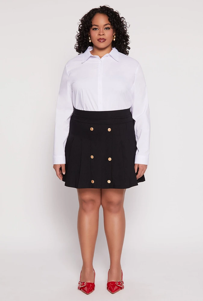 Womens Plus Size Button Detail Pleated Skirt, Black, Size 2X
