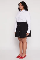 Womens Plus Size Button Detail Pleated Skirt, Black, Size 2X