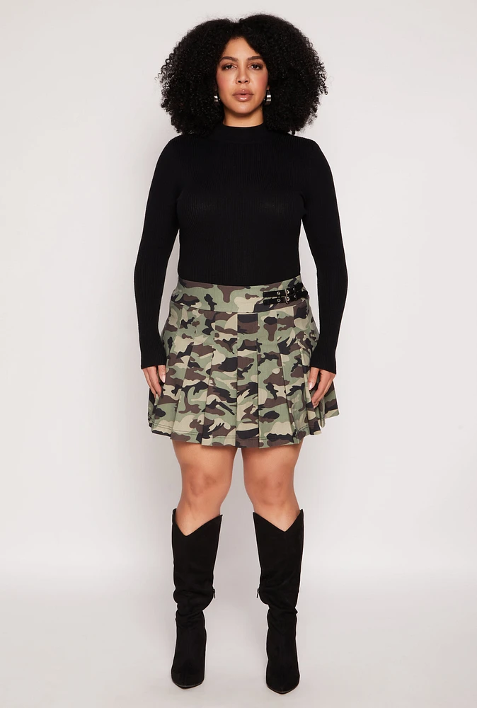Womens Plus Size Printed Pleated Skirt, Green, Size 1X