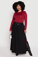 Womens Plus Size Double Belted Side Slit Pleated Skirt, Black, Size 1X