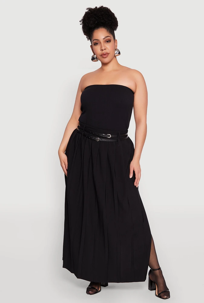 Womens Plus Double Belted Side Slit Pleated Skirt,