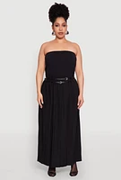 Womens Plus Double Belted Side Slit Pleated Skirt,