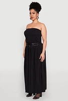 Womens Plus Double Belted Side Slit Pleated Skirt,