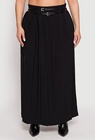 Womens Plus Size Double Belted Side Slit Pleated Skirt, Black, Size 1X