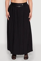 Womens Plus Double Belted Side Slit Pleated Skirt,