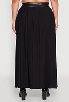 Womens Plus Double Belted Side Slit Pleated Skirt,