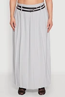 Womens Plus Size Double Belted Side Slit Pleated Skirt, Grey, Size 2X