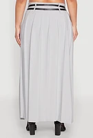 Womens Plus Size Double Belted Side Slit Pleated Skirt, Grey, Size 3X