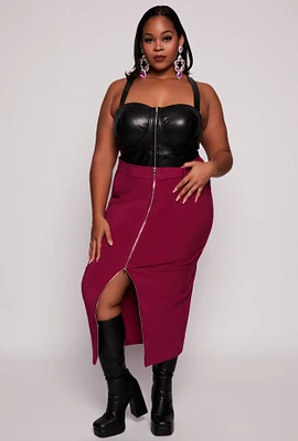 Womens Plus Size Scuba Front Zip Midi Skirt, Burgundy, Size 3X