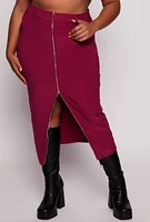 Womens Plus Size Scuba Front Zip Midi Skirt, Burgundy, Size 3X