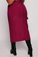 Womens Plus Size Scuba Front Zip Midi Skirt, Burgundy, Size 3X