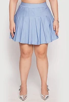 Womens Plus Denim High Waisted Pleated Skirt, Blue,