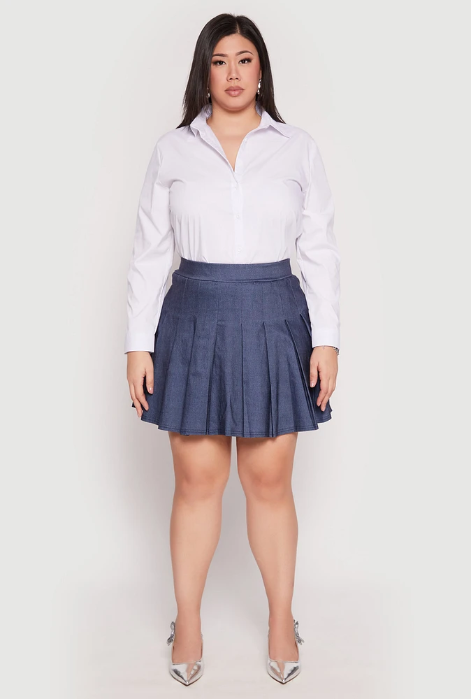 Womens Plus Denim High Waisted Pleated Skirt, Blue,
