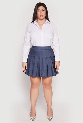 Womens Plus Denim High Waisted Pleated Skirt, Blue,