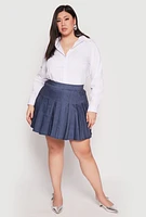 Womens Plus Denim High Waisted Pleated Skirt, Blue,