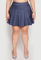 Womens Plus Denim High Waisted Pleated Skirt, Blue,