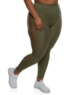 Womens Plus Size Side Fishnet Detail Seamless Leggings, Green, Size 1X-2X