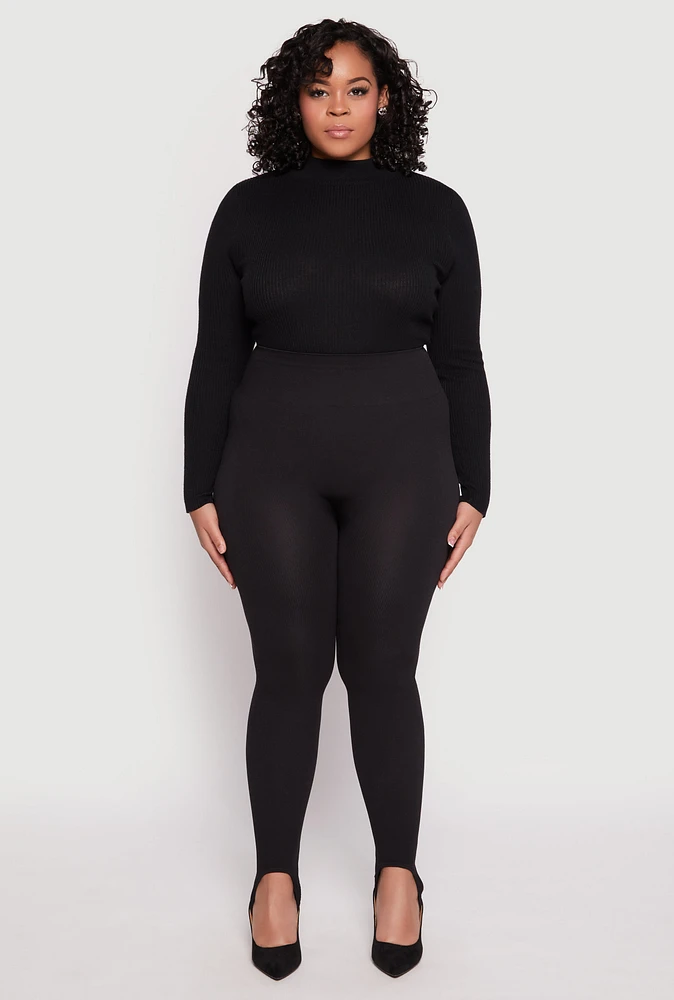 Womens Plus Size Ribbed Knit Seamless Stirrup Leggings, Black, Size 1X-2X