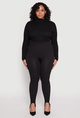 Womens Plus Size Ribbed Knit Seamless Stirrup Leggings, Black, Size 1X-2X