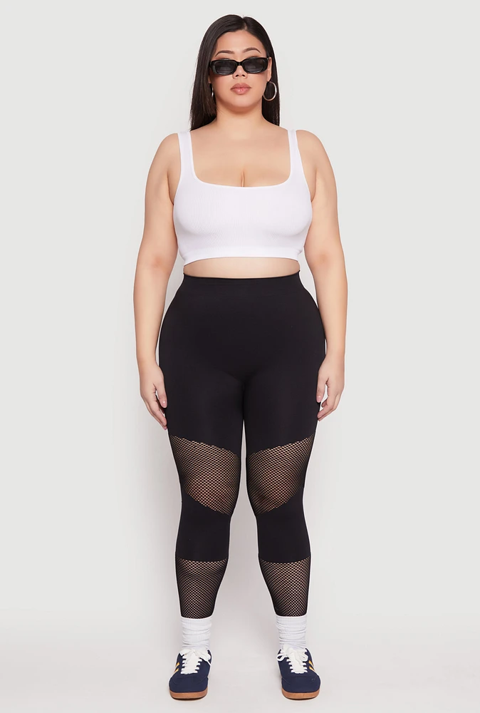 Womens Plus Size Fishnet Detail Seamless Leggings, Black, Size 1X-2X