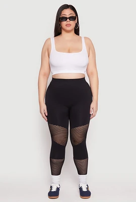 Womens Plus Size Fishnet Detail Seamless Leggings, Black, Size 1X-2X