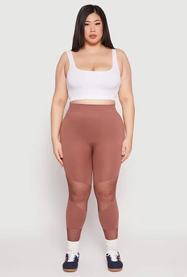 Womens Plus Size Fishnet Detail Seamless Leggings, Brown, Size 2X-3X