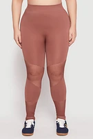 Womens Plus Size Fishnet Detail Seamless Leggings, Brown, Size 2X-3X